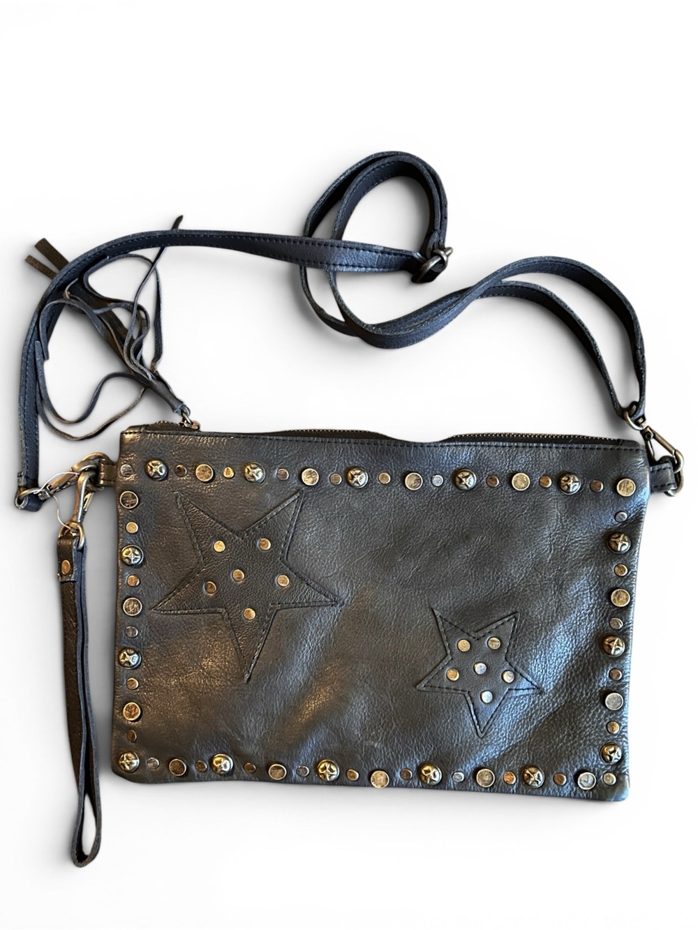 Viola Castellani Leather Crossbody Bag Studded Star Boho Italian Black